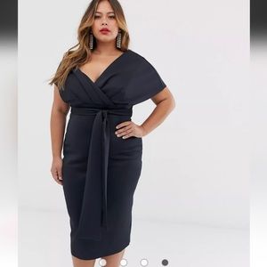 ASOS DESIGN Curve fallen shoulder midi pencil dress with tie detail size 12